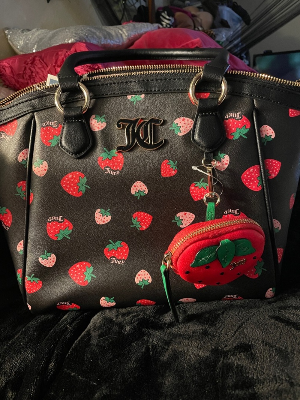 Juicy Couture Black Tote with Red and Pink Strawberry Print and Red Charm
